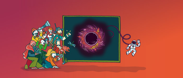 Cartoon image of a group of people in front of a screen, on the screen is a black hole with an astronaut coming out of it.