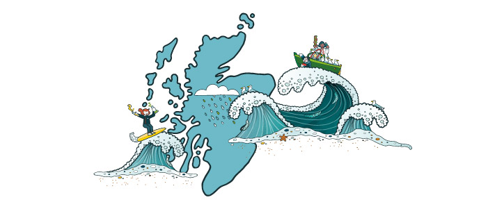 Cartoon image of scotland with a cloud and rain drops. Surrounding scotland are large cartoon waves. 
