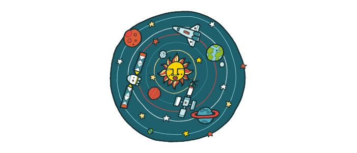 Cartoon image of the solar system with planets, rockets, satellites and stars. 