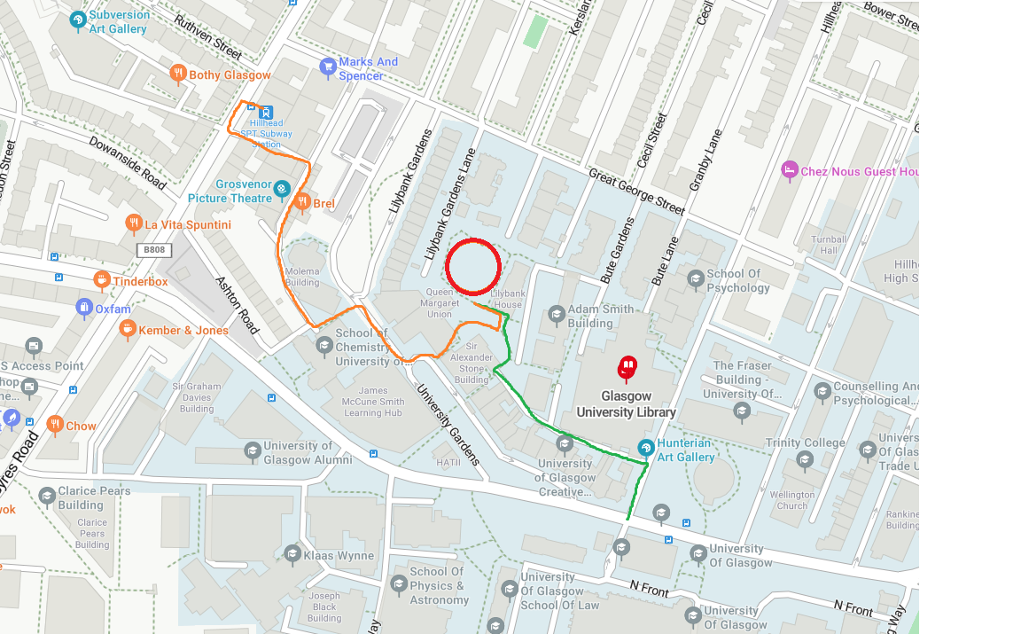 Google maps image with a red circle marking the university gardens, an orange line showing the route from Hillhead subway and a green line from the University Library