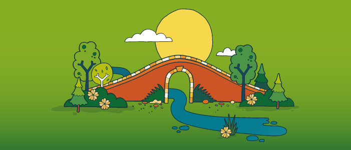 Cartoon image of a stone bridge going over a small waterway with trees, plants and a large sun.