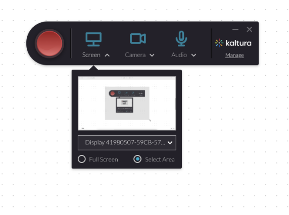 A screenshot of the Kaltura editor and the options it shows you for recording