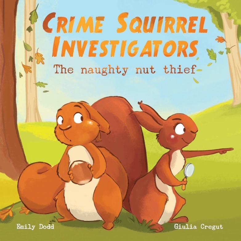 Two cartoon red squirrels, one holding a spy glass