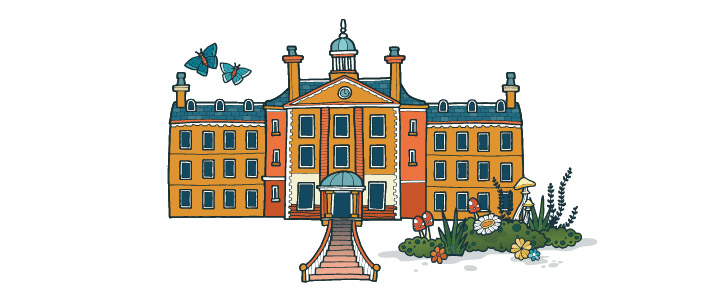 Cartoon image of a country house with bushes in front.