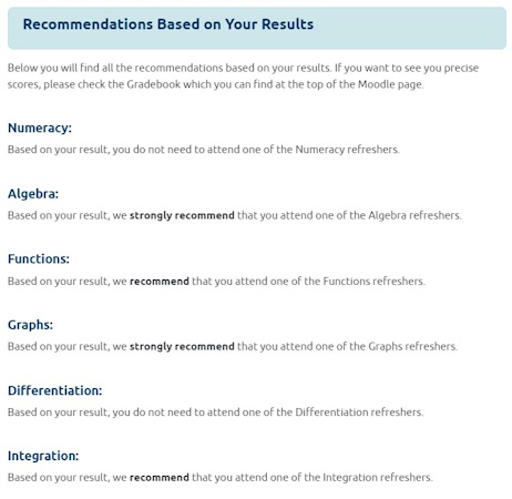 Image showing the recommendations for a student after taking the maths diagnostic test.