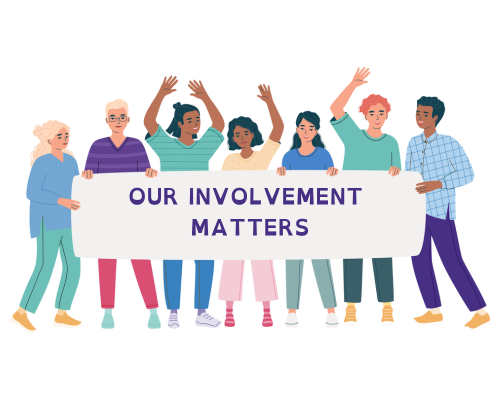 Illustration of a group of young people holding a banner which reads 'our involvement matters'