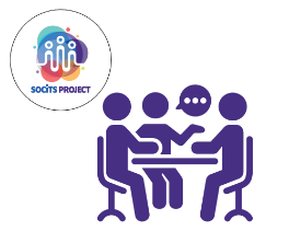 SOCITS logo and an illustration of 3 people around a table having a discussion