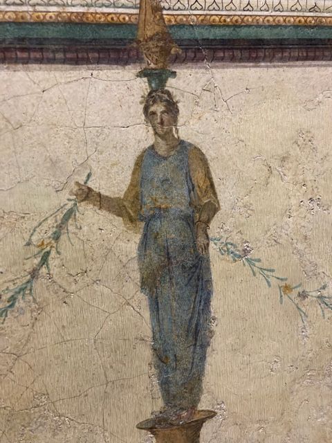 A detail from a wall painting from an elite Roman house, the interior preserved in the Palazzo Massimo museum in Rome
