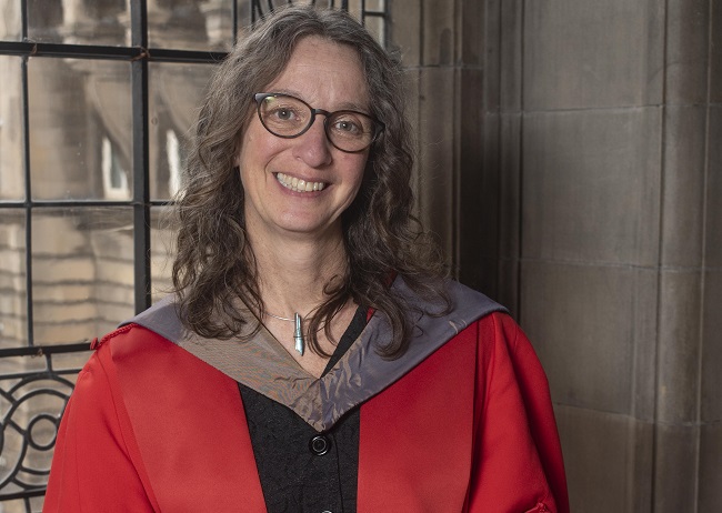 An image of Professor Alison Phipps in her academic gown at the University of Glasgow
