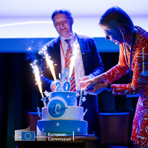 Two attendees of the Erasmus Mundus 20th Anniversary Conference cutting a cake with sparklers and a '20' cake ornament on it