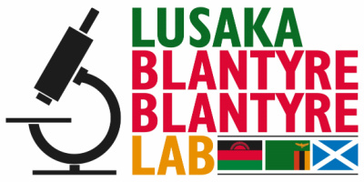 Lasaka Blantyre Blantyre Lab logo - the place names alongside a graphic of a microscope and Malawian, Zambian and Scottish flags