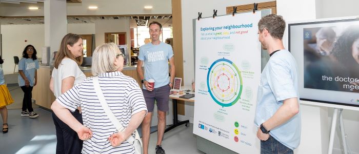 picture of attendees at the Byres Community Hub community day in June 2023 viewing posters