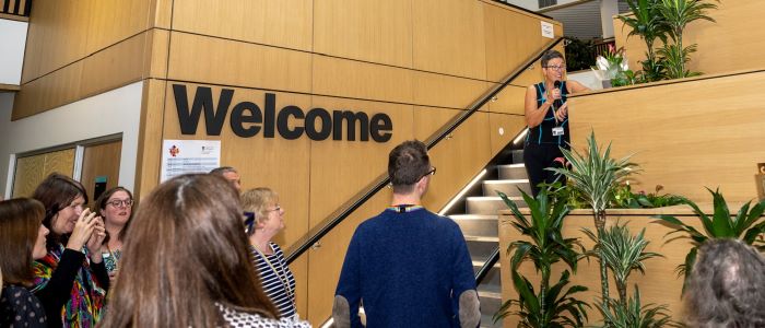 Professor Jill Pell welcomes staff and students to the SHW spring fling 2023