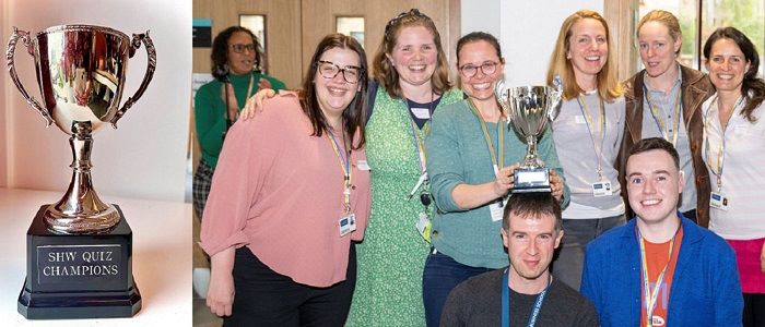 A group of staff at SHW spring fling 2023 posing with a trophy