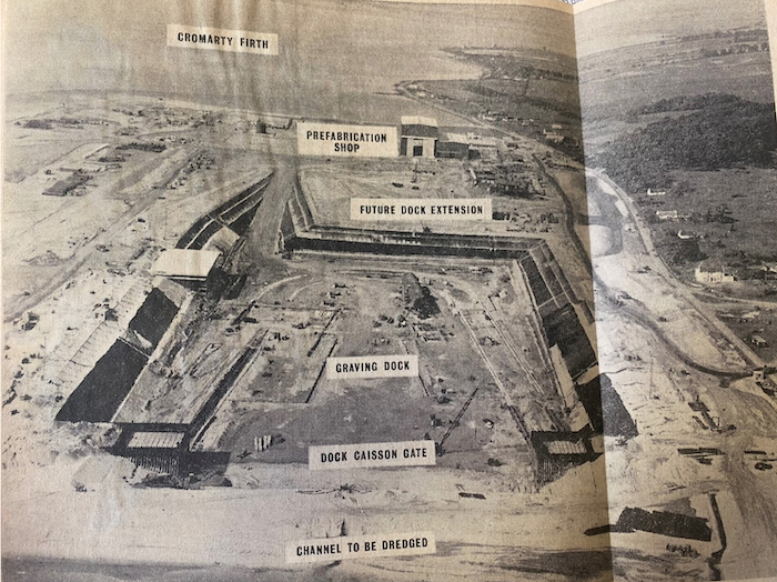 A black and white aerial photo of an industrial site labels identifying 'prefabrication shop', 'future dock extension', and 'graving dock'