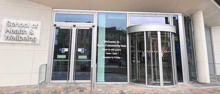 Byres Community Hub signage outside Clarice Pears building