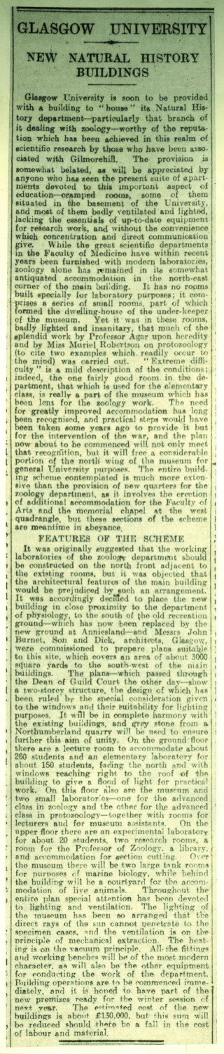 Announcement of the new building plans in the Glasgow Herald 25.06.1921