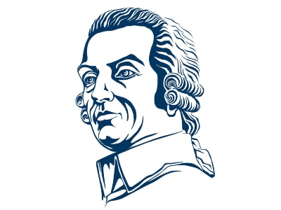 Artwork of Adam Smith's profile in blue outline against a white background