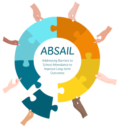 The ABSAIL logo which features a puzzle-like circular design with various hands of different skin tones holding the pieces together. The text within the circle reads: ABSAIL: Addressing Barriers to School Attendance to Improve Long-term Outcomes