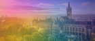 Photo of the university of glasgow main building with a rainbow gradient effect