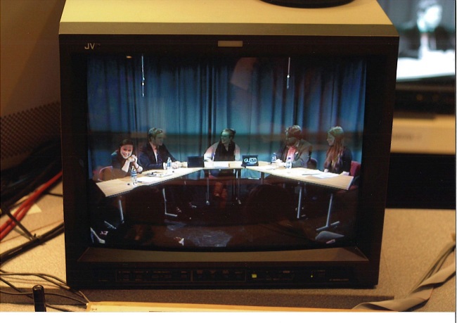 An image of Glasgow University Student Television through a TV monitor. UofG Archives & Special Collections