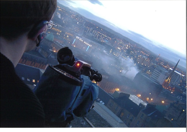 An image of a Glasgow University Student Television camera operator filming Glasgow. UofG Archives & Special Collections