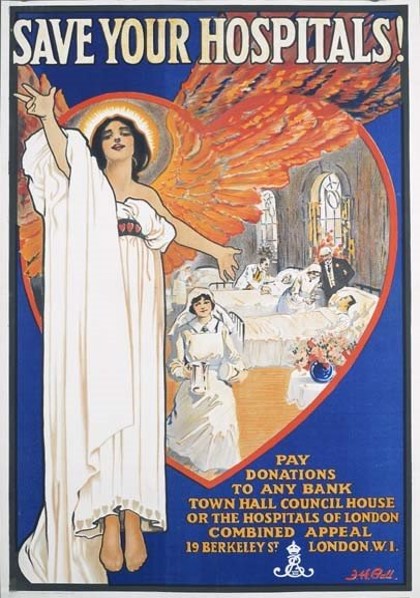 Poster with the words 'Save Your Hospitals! at the top. An old-fashioned hospital ward and an angel dressed in white robes.