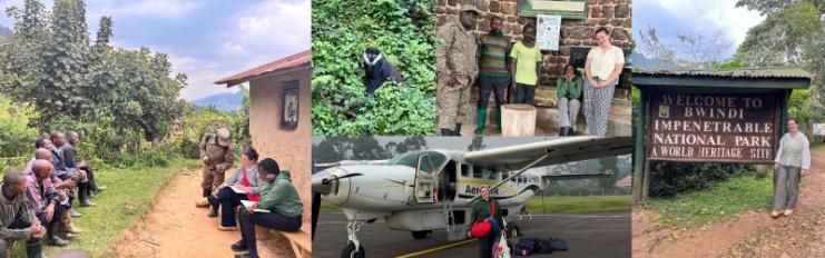 This collage shows scenes from Bwindi Impenetrable National Park. It includes a discussion with locals and park staff, a colobus monkey in the forest, a group photo at a stone building, a woman by an Aerolink aircraft, and a person standing next to a park entrance sign. The images highlight wildlife conservation, community interaction, and travel in the park.