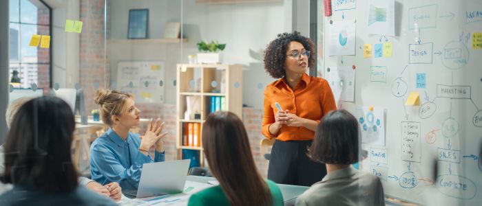 A group of women in a meeting sitting around a white board