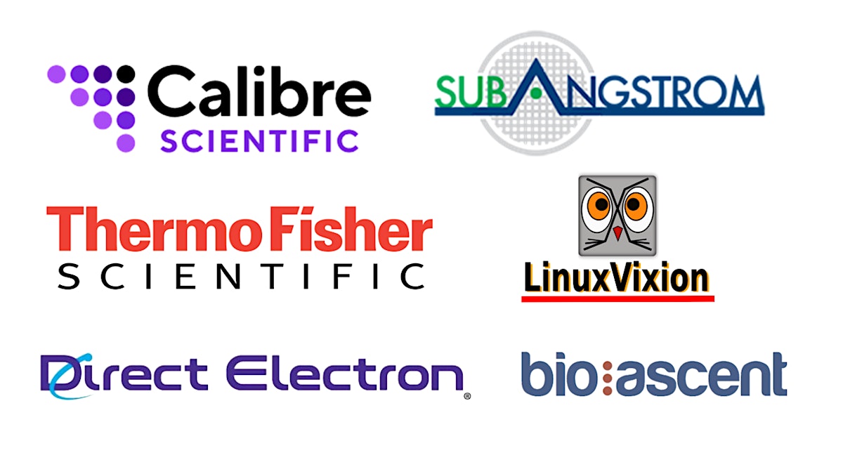 Logos of sponsors: Calibre Scientific, SubAngstrom, Thermo Fisher Scientific, LinuxVixion, Direct Electron, Bioascent