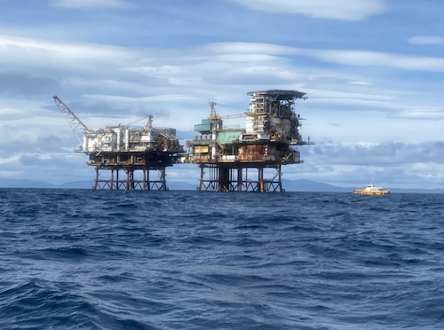 An oil rig in standing in the sea. Picture credit: Ewan Gibbs, 2024