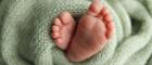 An image of a newborn baby's feet in a green blanket