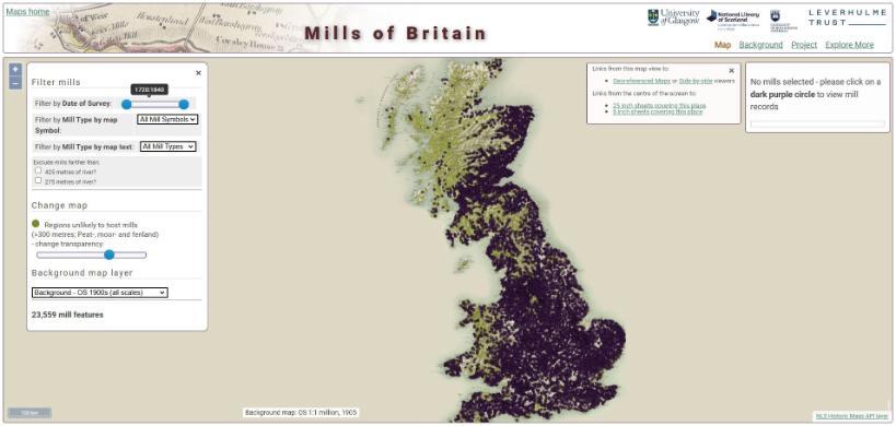 A map of Britain showing locations of mills as purple dots