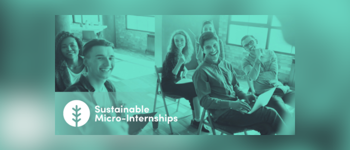 An image of students sitting down smiling at the camera with the words Sustainable Micro Internships