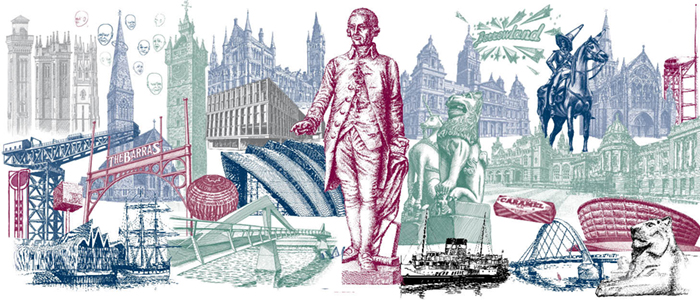 Wall mural artwork in coloured pen, featuring Glasgow landmarks and the Adam Smith statue at the University of Glasgow