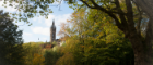 The university tower with trees all around, viewed from a park trail