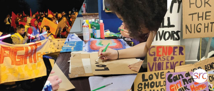 An image split into three parts showcasing various activities that students take part in during 16 days of activism including placard making and marching