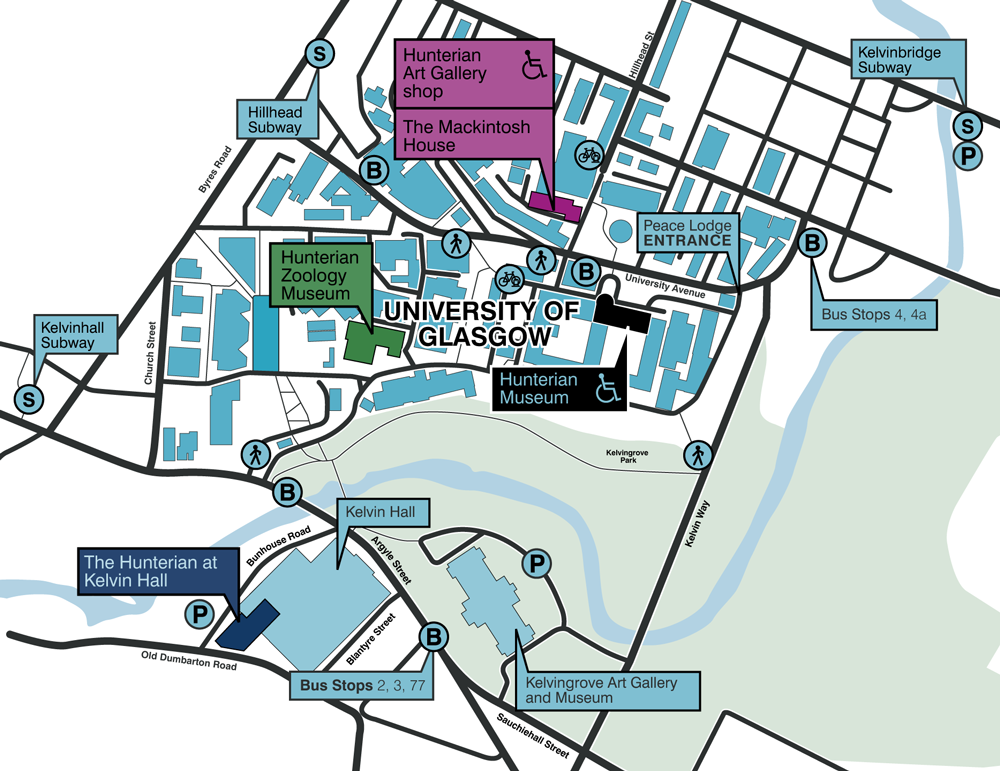 A map of the University of Glasgow campus showing all Hunterian venues.