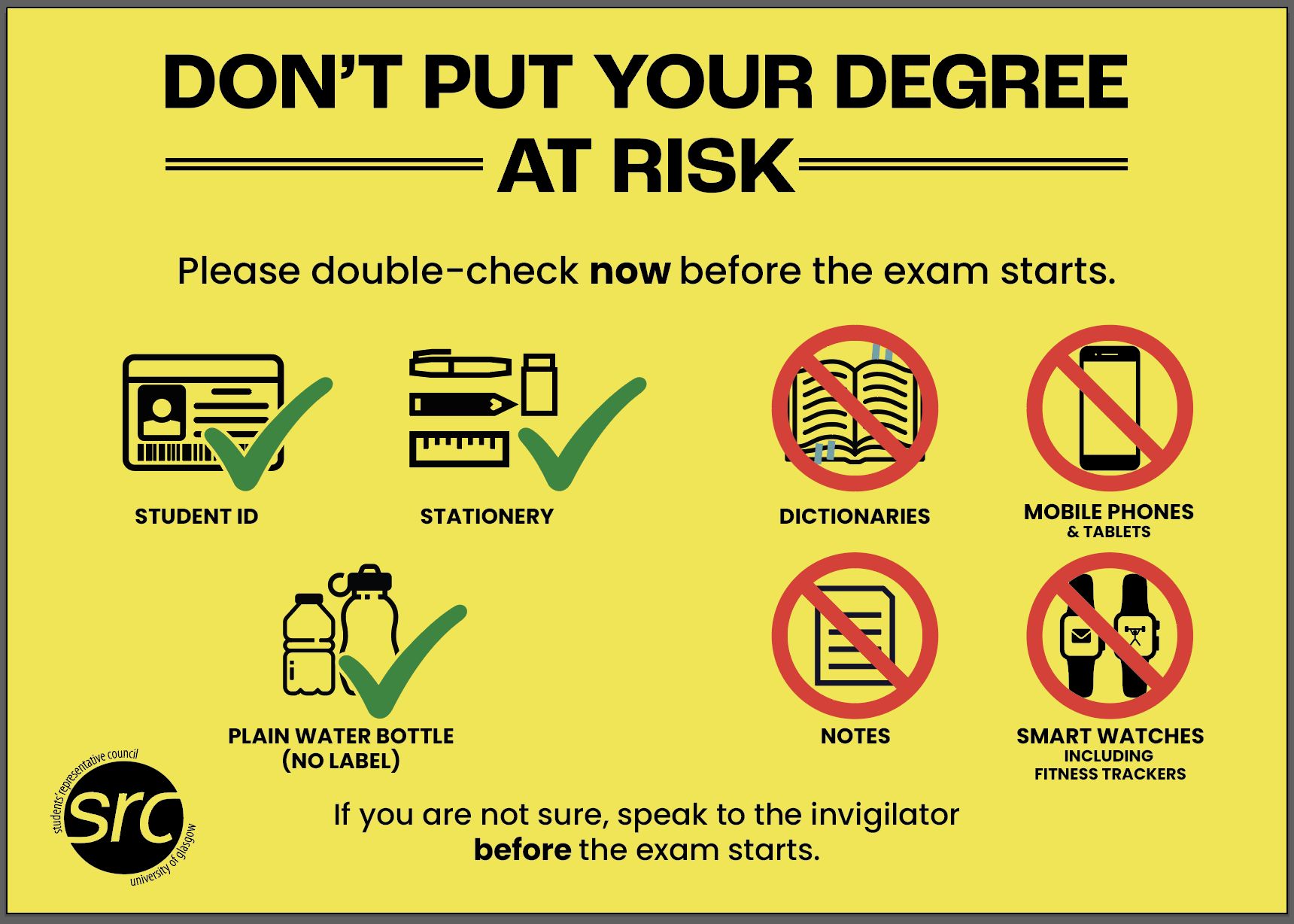 A yellow poster detailing what is permitted in exams. Permitted items: Student ID, stationery, plain water bottles (no label). Prohibited Items: dictionaries, mobile phones and tablets, notes, smartwatches including fitness trackers.