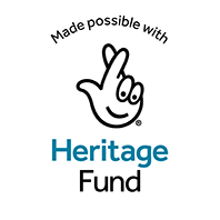 White circle with text 'Made possible with Heritage Fund' and smiling crossed fingers cartoon.