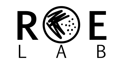 The Roe Lab Logo, with black text on a white background, in which the 'o' is a petri dish