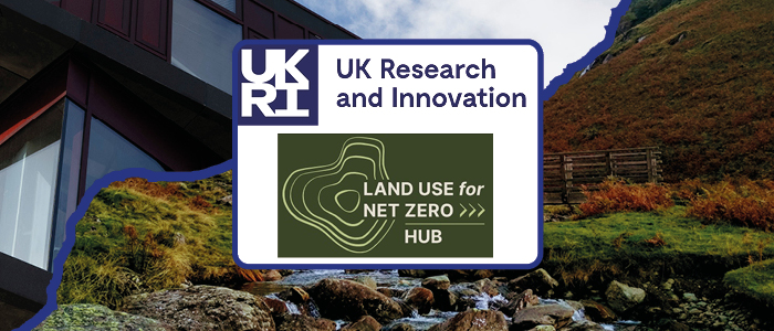 UKRI and LUNZ Logo, with clarice pears building and peatland in the background.