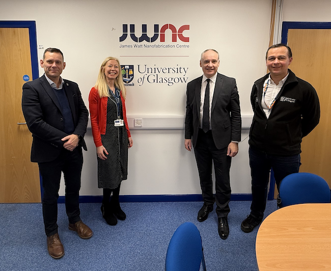 Professor Chris Pearce, Evelyn Toma, Richard Lochhead and Professor Martin Weides at the James Watt Nanofabrication Centre