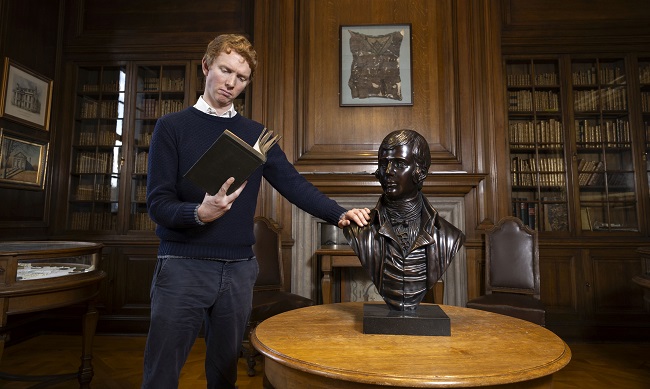 Burns and Freemasonry scholar Patrick Jamieson is photographed at the museum in The Grand Lodge of Antient Free and Accepted Masons of Scotland in Edinburgh which has a bust of Robert Burns. Over th e fireplace is Robert Burns’s Apron. The restored apron is from Lodge St Andrew, No 179 Dumfries. Credit Martin Shields