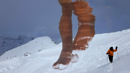 Image of huge, blurry feet transposed onto a photo of a snow-covered hillside. A person is hiking through the snow using poles and is dwarfed by the feet.