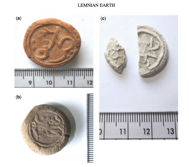 Collection of Lemnian earths (sphragides) from the collection of Basel University Museum of Pharmacy ( 16th-18th c) (a)	Lemnian sphragis (red). MA no. 01422/44. (b) Lemnian sphragis (grey). MA no. 01424. (c) Lemnian sphragis (white). MA no. 01432.