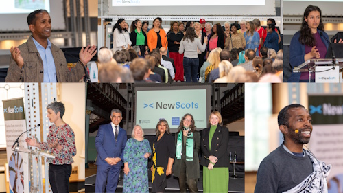 Collage of photos from the New Scots Refugee Integration Strategy and Delivery Plan launch event. Clockwise from top-left: Hyab Yohannes; Maryhill Integration Network Joyous Choir; Pinar Aksu; Tawona Sitholé; Rachel Sandison, Alison Phipps, Kaukab Stewart MSP, Maureen Chalmers and Sabir Zazai; Esa Aldegheri.