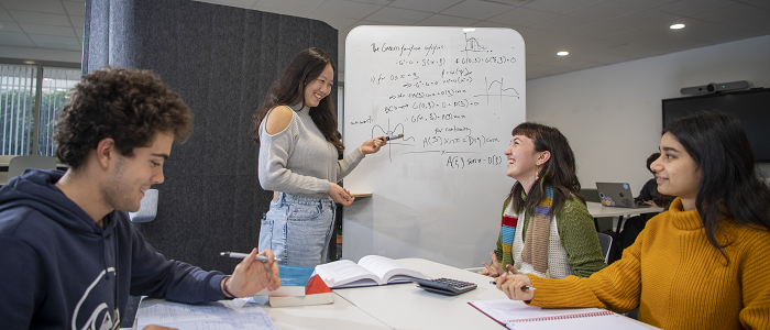 Students discussing mathematics on white board