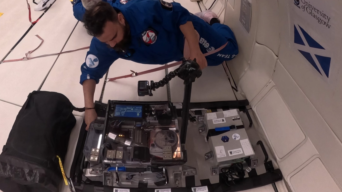 Dr Gilles Baillet in microgravity aboard the 'vomit comet'