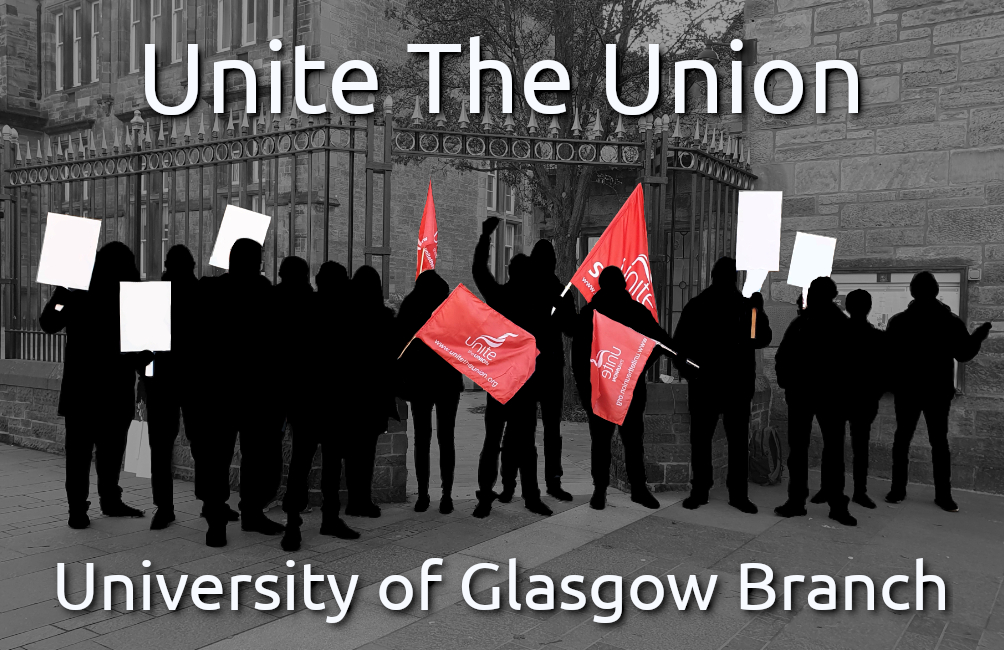 A series of silhouettes in front of Botany Gate, holding empty placards and red Unite flags. The red is the only colour, everything else is in greyscale.